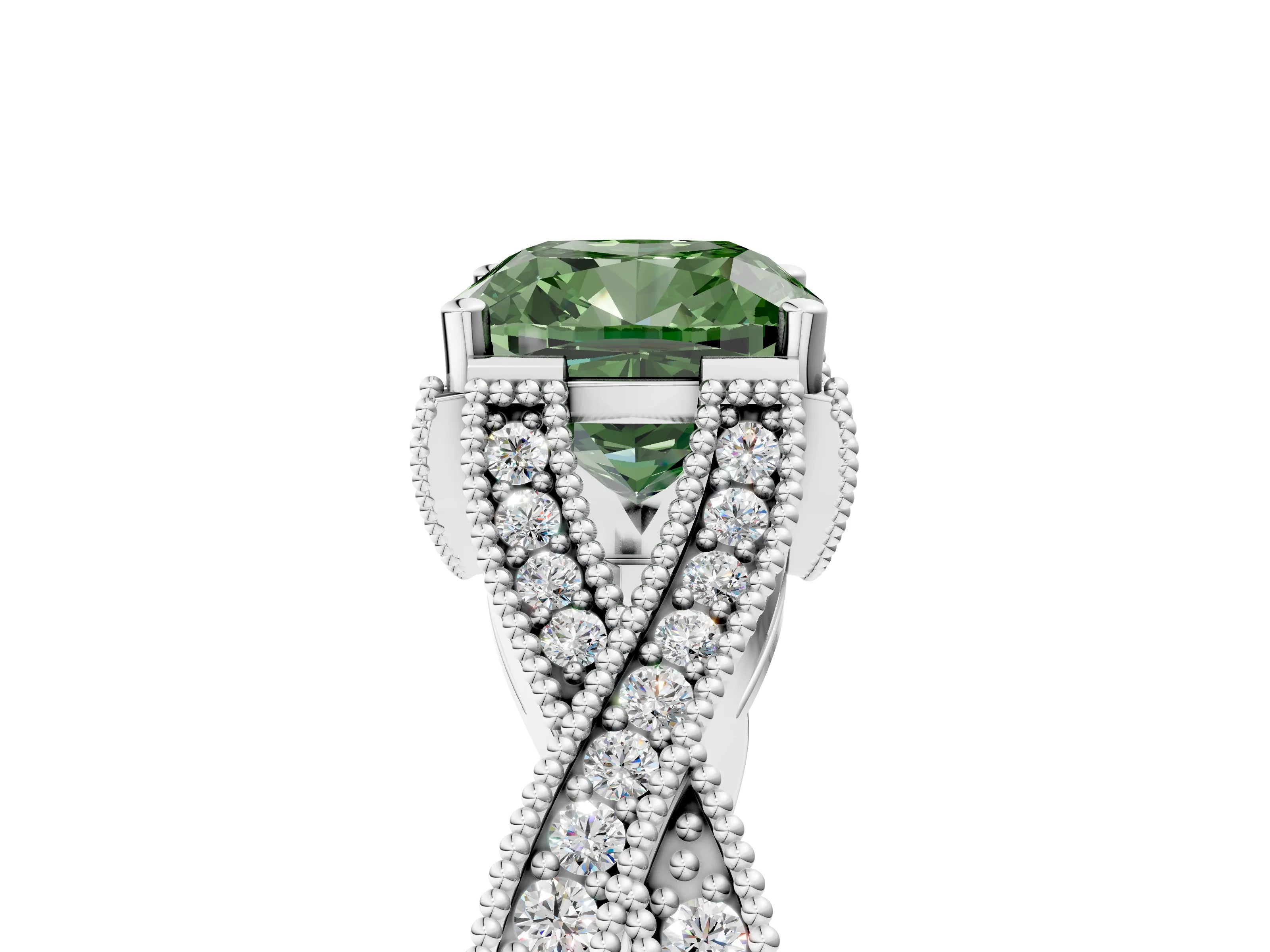 White gold Fancy Green Cushion Cut Cut Diamond Twisted Band with Milgrain Pave Setting and Four-Prong Setting_5