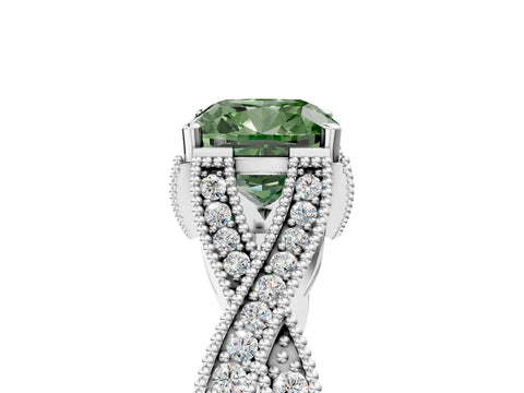 White gold Fancy Green Cushion Cut Cut Diamond Twisted Band with Milgrain Pave Setting and Four-Prong Setting_5