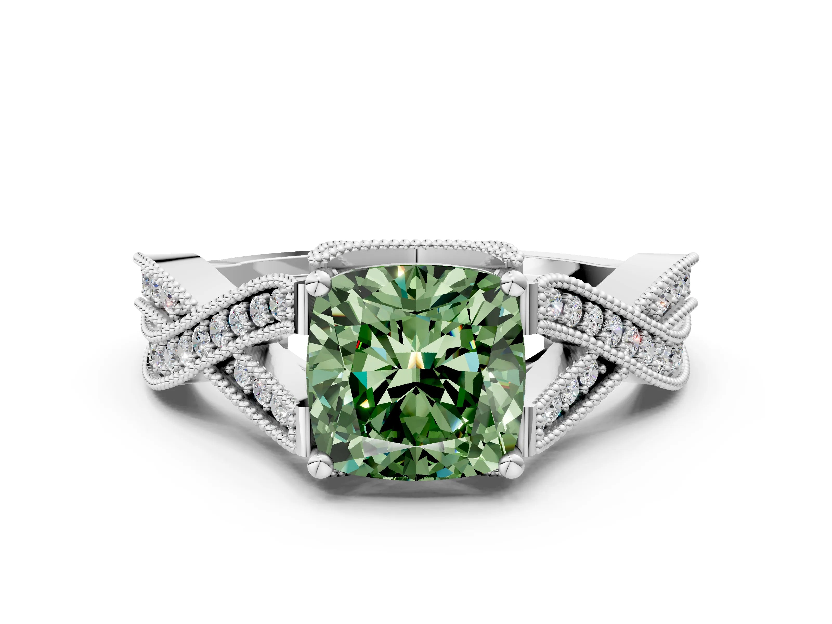 White gold Fancy Green Cushion Cut Cut Diamond Twisted Band with Milgrain Pave Setting and Four-Prong Setting