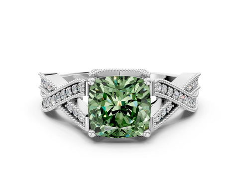 White gold Fancy Green Cushion Cut Cut Diamond Twisted Band with Milgrain Pave Setting and Four-Prong Setting