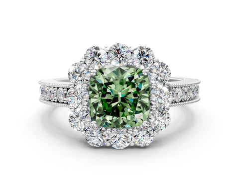 White gold Fancy Green Cushion Cut Cut Halo Diamond Pavé Engagement Ring with Milgrain Detailing_24