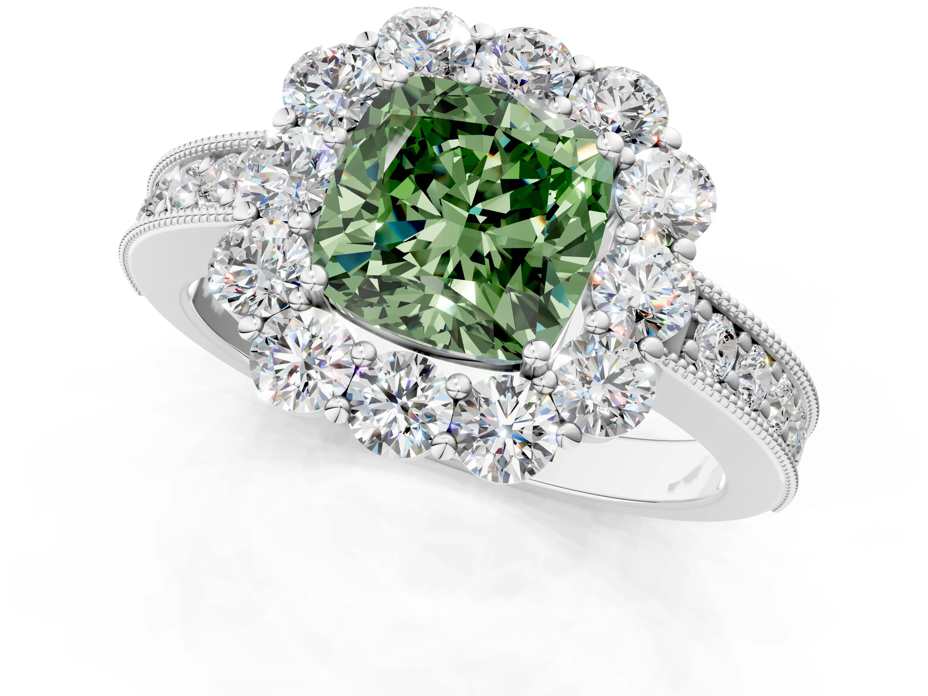 White gold Fancy Green Cushion Cut Cut Halo Diamond Pavé Engagement Ring with Milgrain Detailing_37