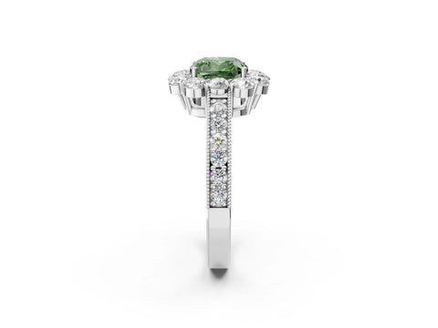 White gold Fancy Green Cushion Cut Cut Halo Diamond Pavé Engagement Ring with Milgrain Detailing_38