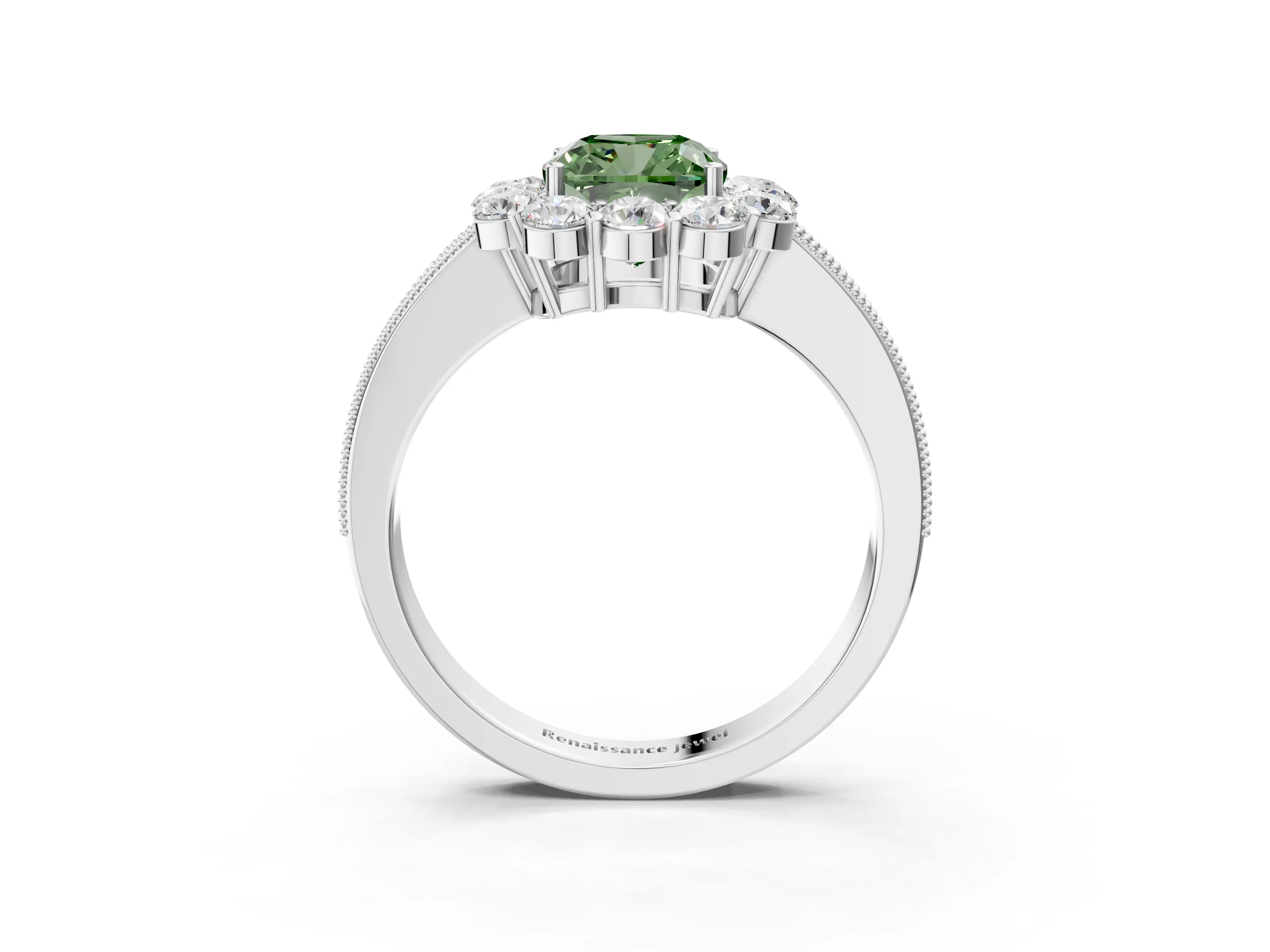 White gold Fancy Green Cushion Cut Cut Halo Diamond Pavé Engagement Ring with Milgrain Detailing_39