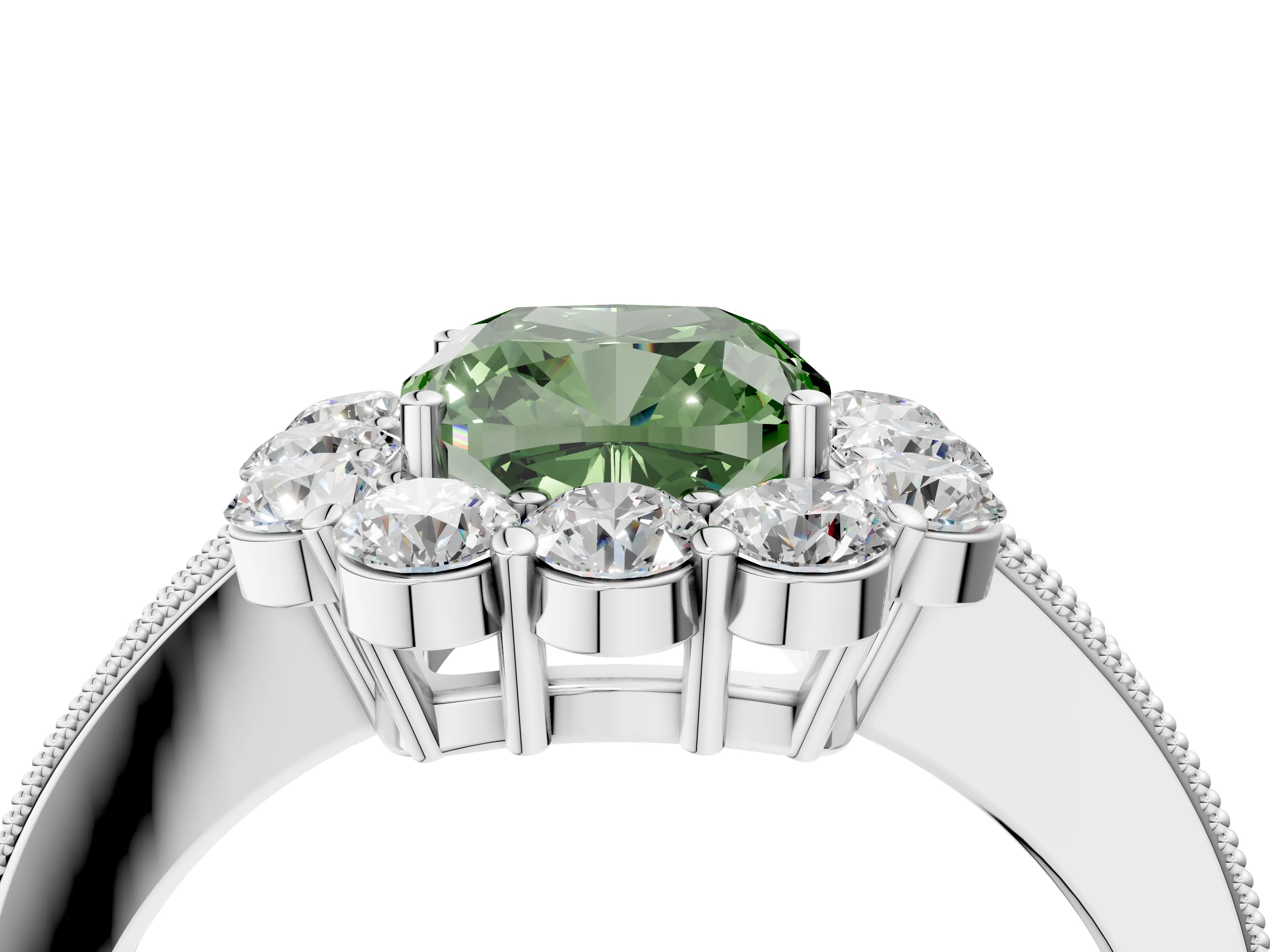 White gold Fancy Green Cushion Cut Cut Halo Diamond Pavé Engagement Ring with Milgrain Detailing_40