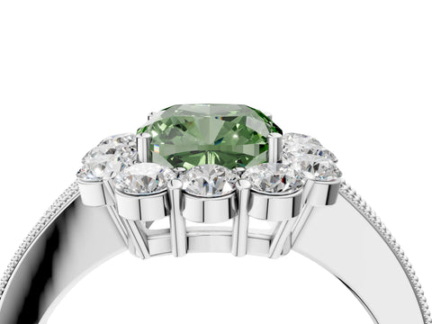 White gold Fancy Green Cushion Cut Cut Halo Diamond Pavé Engagement Ring with Milgrain Detailing_40
