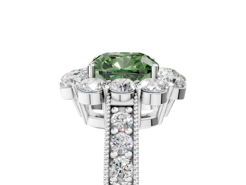 White gold Fancy Green Cushion Cut Cut Halo Diamond Pavé Engagement Ring with Milgrain Detailing_41