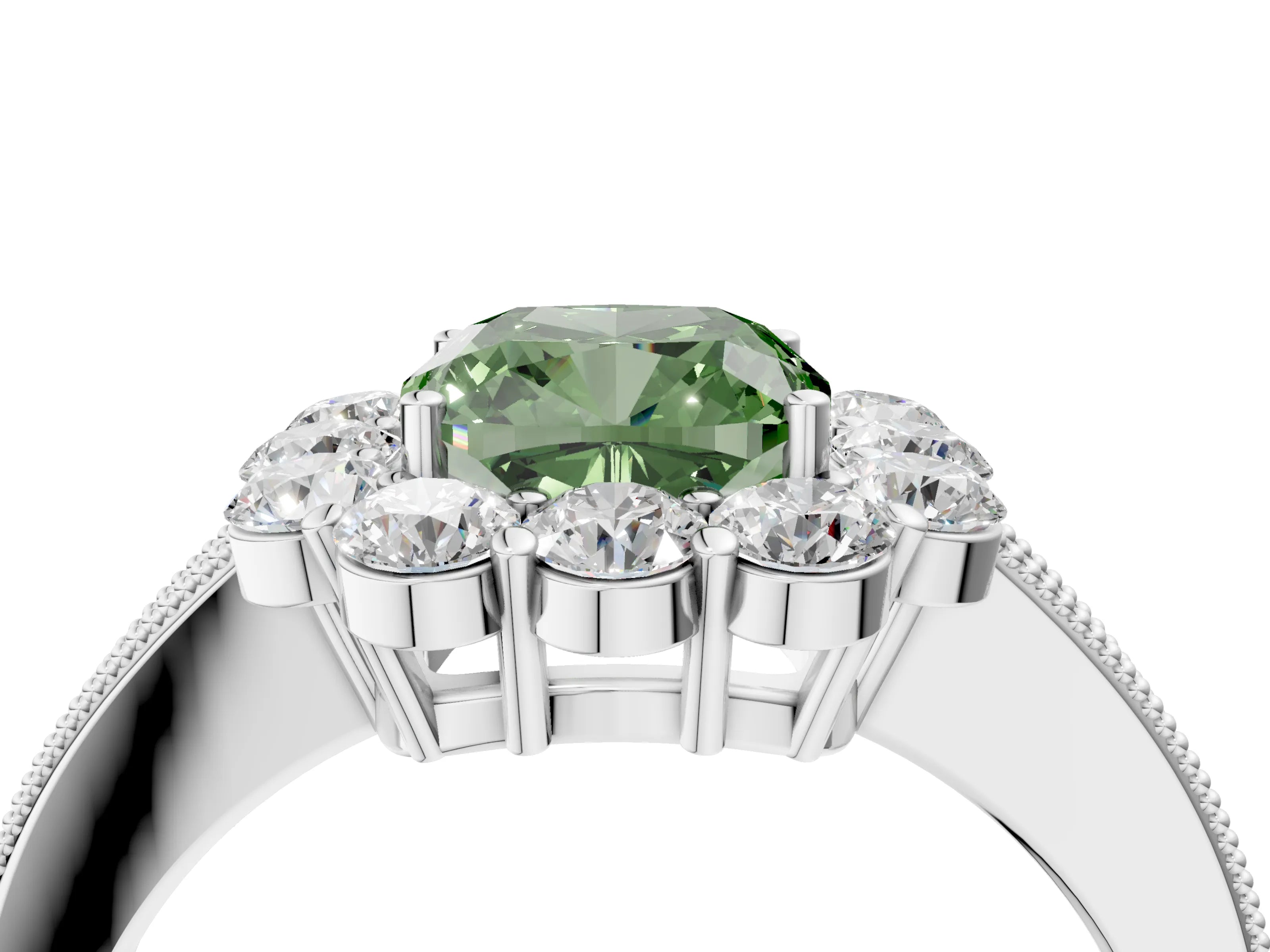 White gold Fancy Green Cushion Cut Cut Halo Diamond Pavé Engagement Ring with Milgrain Detailing_4