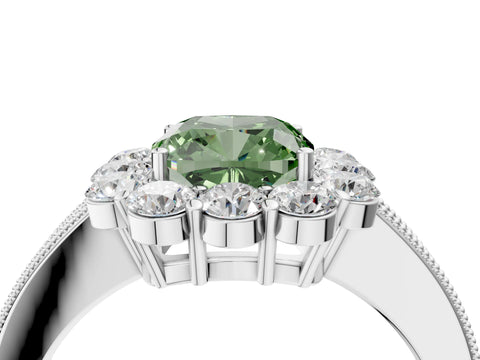 White gold Fancy Green Cushion Cut Cut Halo Diamond Pavé Engagement Ring with Milgrain Detailing_4