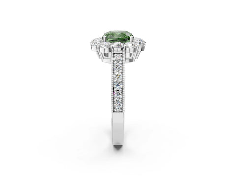 White gold Fancy Green Cushion Cut Cut Halo Diamond Pavé Engagement Ring with Milgrain Detailing_50