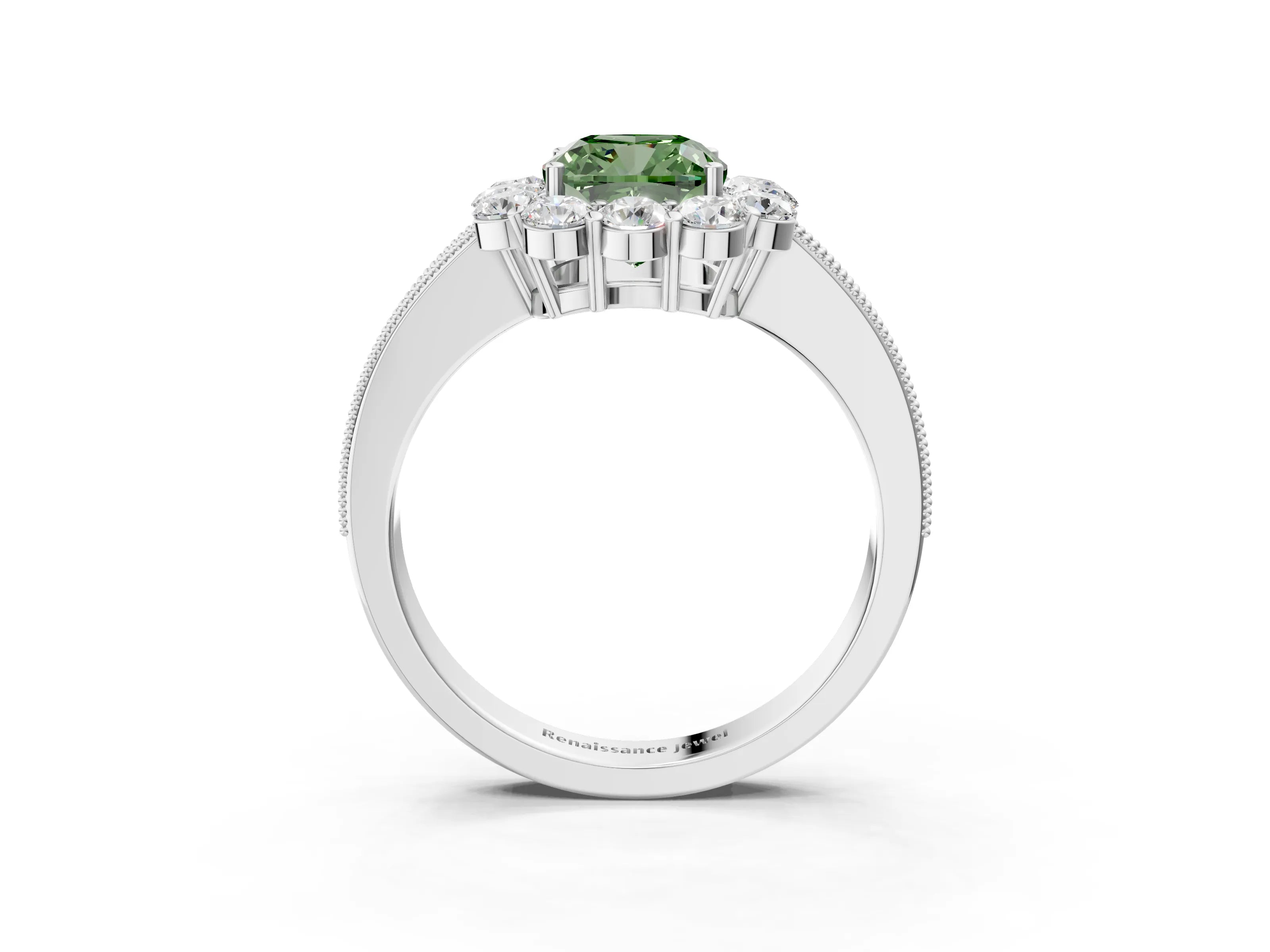 White gold Fancy Green Cushion Cut Cut Halo Diamond Pavé Engagement Ring with Milgrain Detailing_51