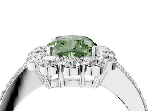 White gold Fancy Green Cushion Cut Cut Halo Diamond Pavé Engagement Ring with Milgrain Detailing_52