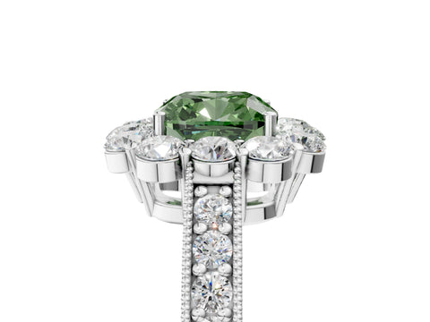 White gold Fancy Green Cushion Cut Cut Halo Diamond Pavé Engagement Ring with Milgrain Detailing_53