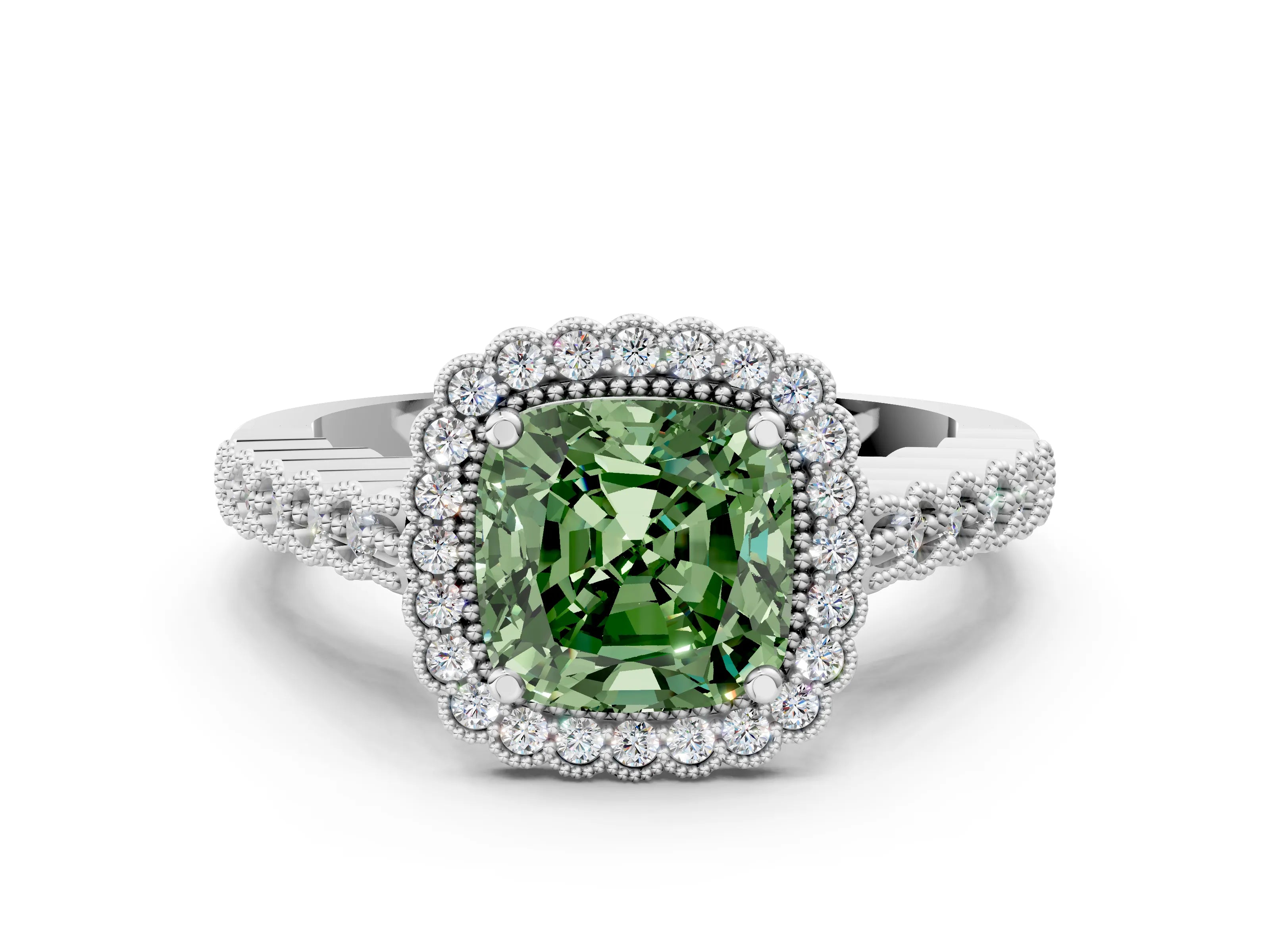 White gold Fancy Green Cushion Cut Cut Halo Pavé Solitaire Ring with Milgrain Band_12