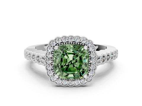 White gold Fancy Green Cushion Cut Cut Halo Pavé Solitaire Ring with Milgrain Band_12