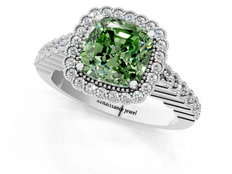 White gold Fancy Green Cushion Cut Cut Halo Pavé Solitaire Ring with Milgrain Band_13