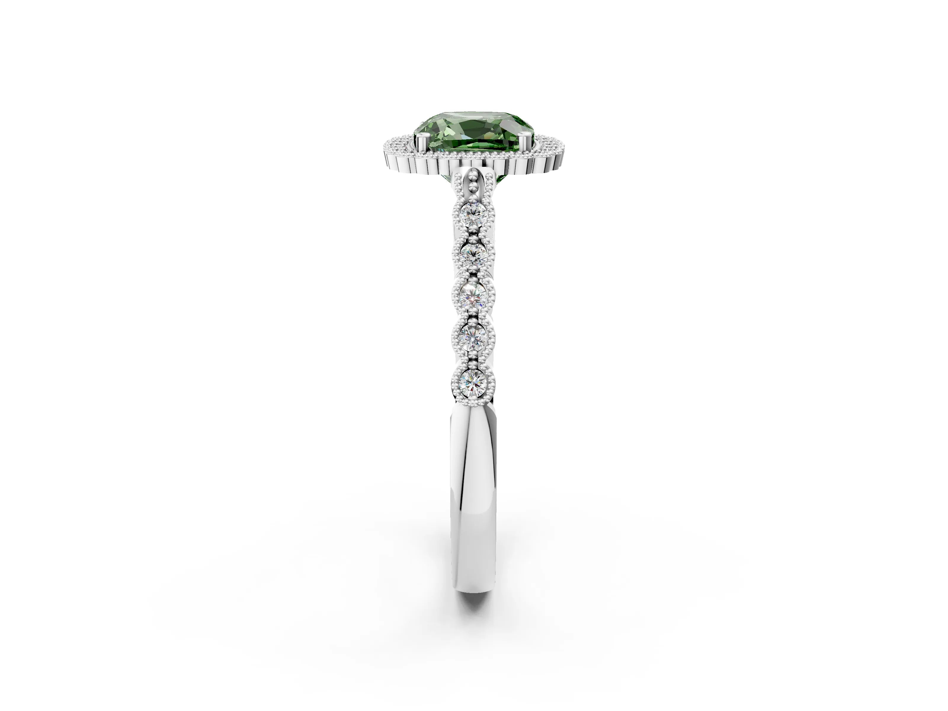White gold Fancy Green Cushion Cut Cut Halo Pavé Solitaire Ring with Milgrain Band_14