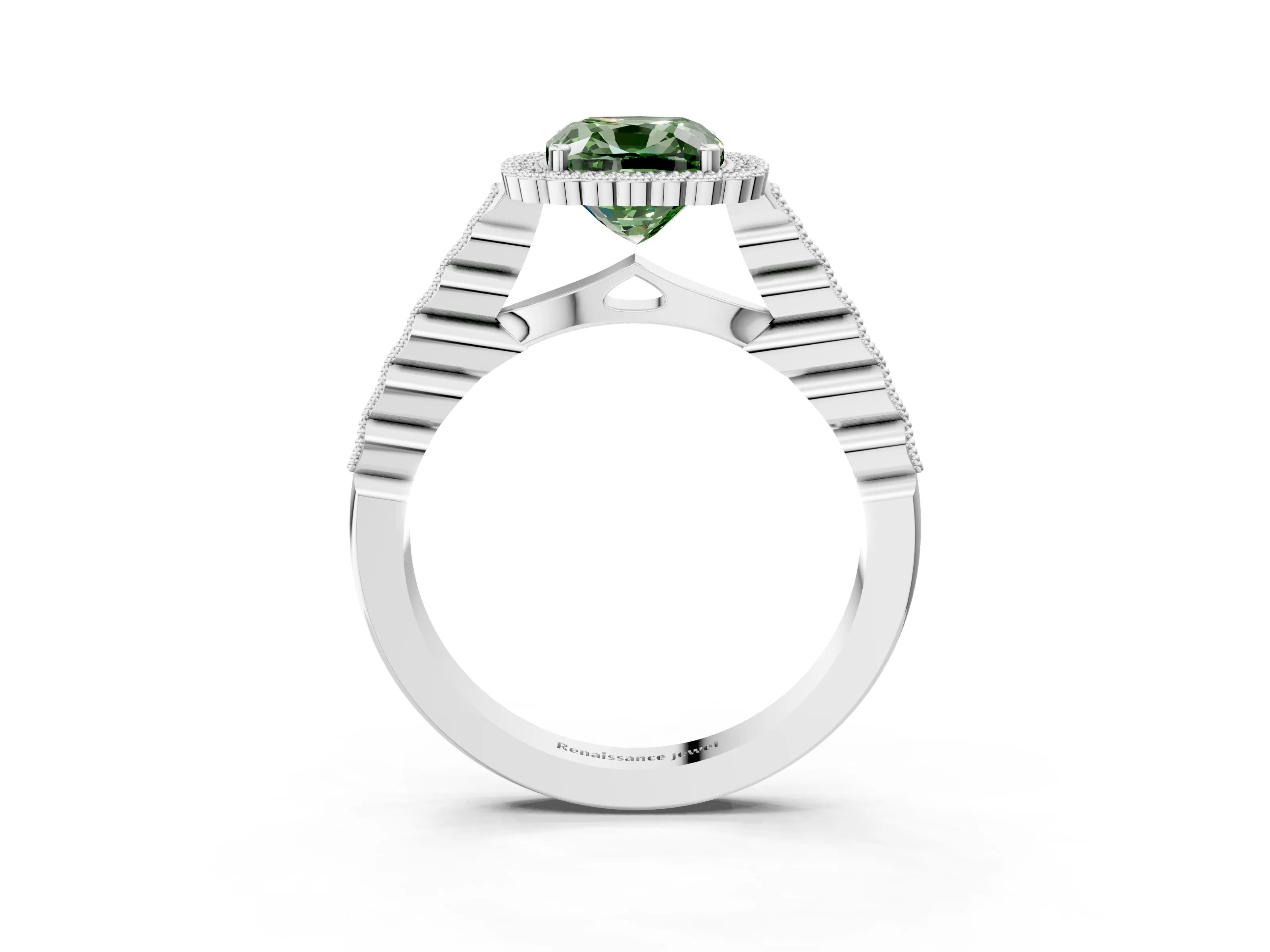 White gold Fancy Green Cushion Cut Cut Halo Pavé Solitaire Ring with Milgrain Band_15