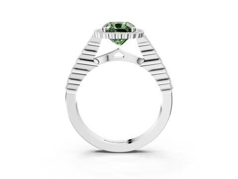 White gold Fancy Green Cushion Cut Cut Halo Pavé Solitaire Ring with Milgrain Band_15