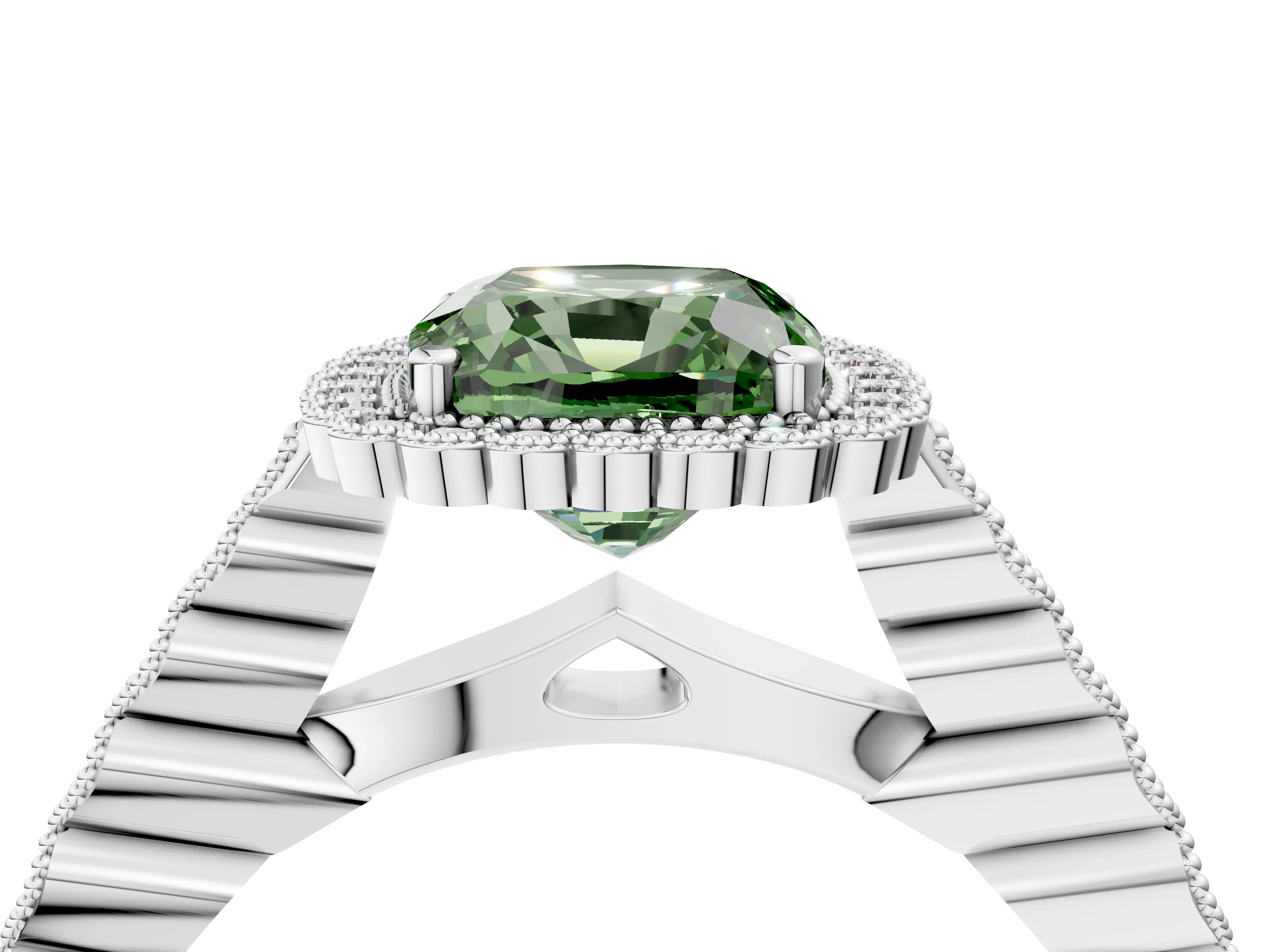 White gold Fancy Green Cushion Cut Cut Halo Pavé Solitaire Ring with Milgrain Band_16