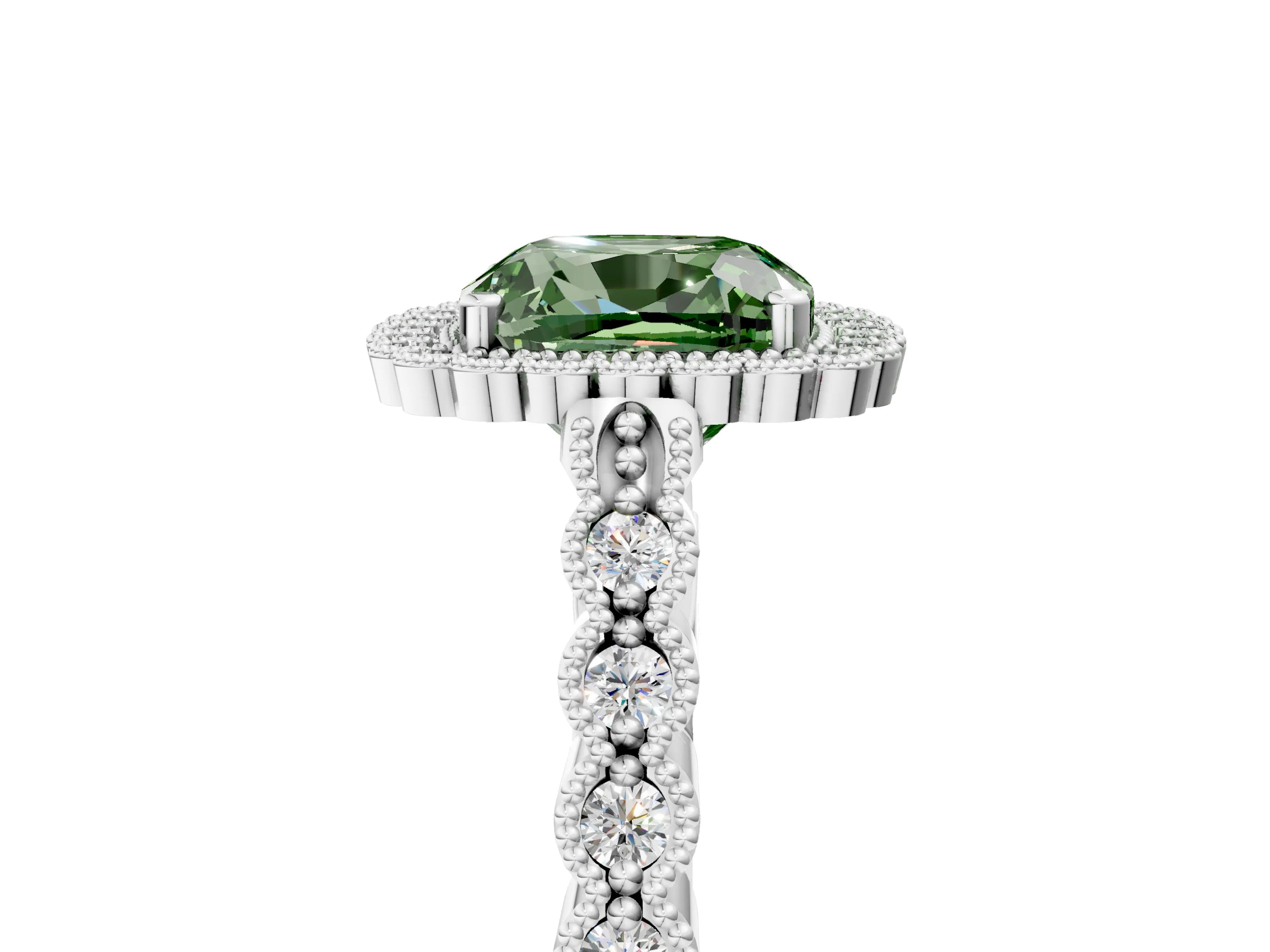 White gold Fancy Green Cushion Cut Cut Halo Pavé Solitaire Ring with Milgrain Band_17