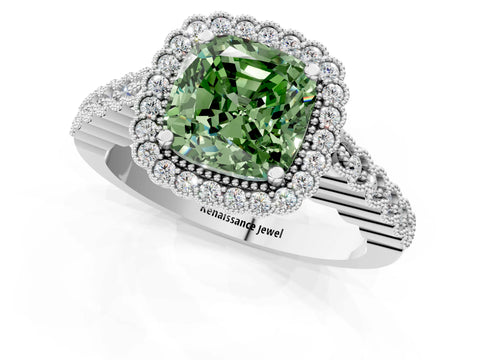 White gold Fancy Green Cushion Cut Cut Halo Pavé Solitaire Ring with Milgrain Band_1