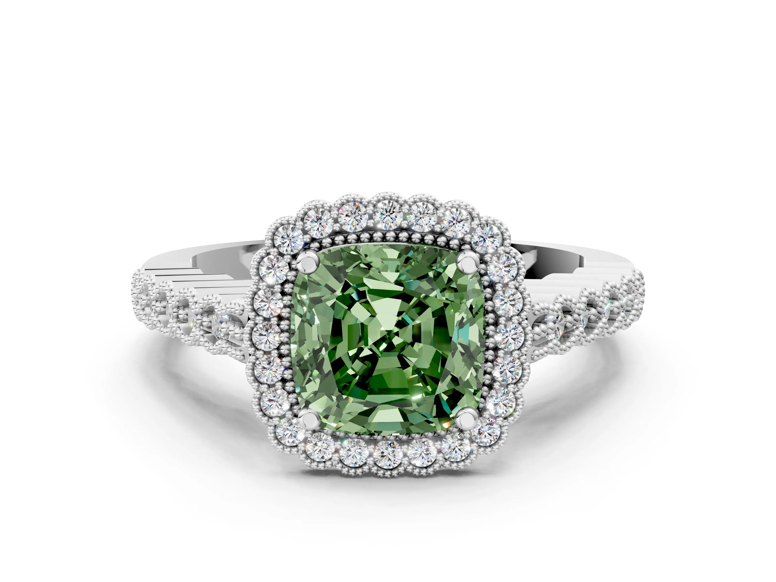 White gold Fancy Green Cushion Cut Cut Halo Pavé Solitaire Ring with Milgrain Band
