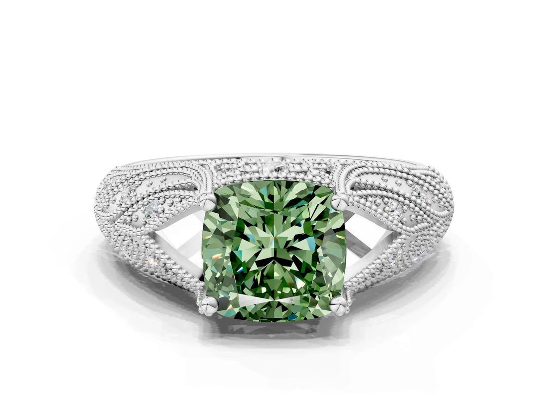 White gold Fancy Green Cushion Cut Cut Milgrain Pave Diamond Engagement Ring with Four-Prong Setting_15