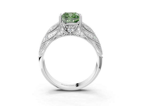 Platinum Fancy Green Cushion Cut Cut Milgrain Pave Diamond Engagement Ring with Four-Prong Setting