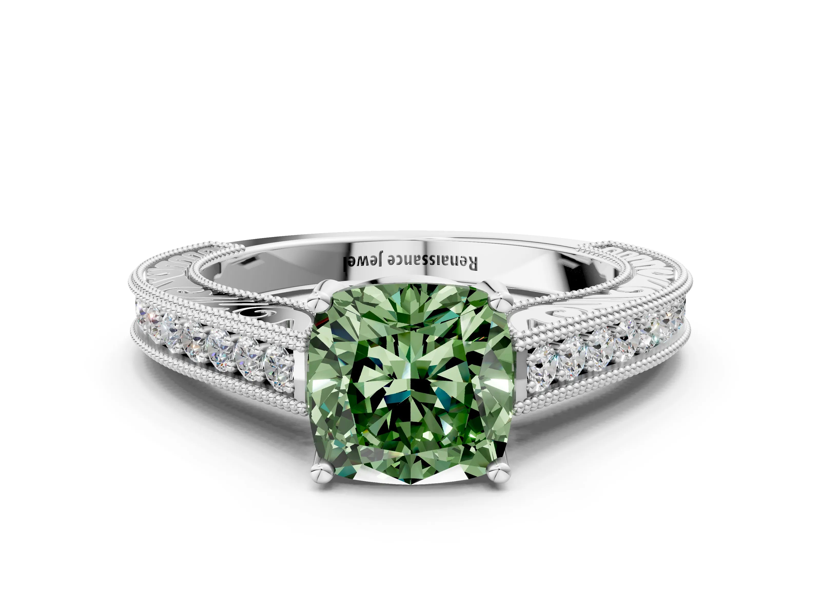 White gold Fancy Green Cushion Cut Cut Pave Band Milgrain Solitaire Ring