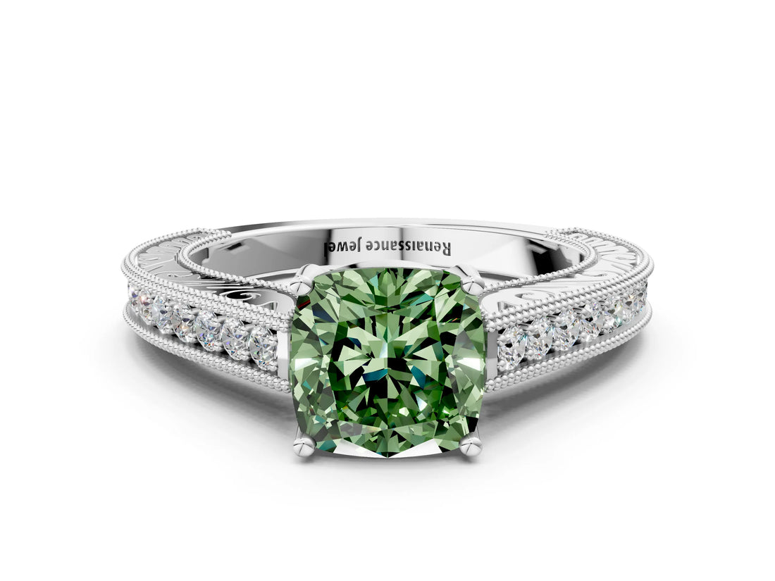 White gold Fancy Green Cushion Cut Cut Pave Band Milgrain Solitaire Ring