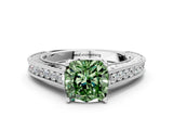 White gold Fancy Green Cushion Cut Cut Pave Band Milgrain Solitaire Ring