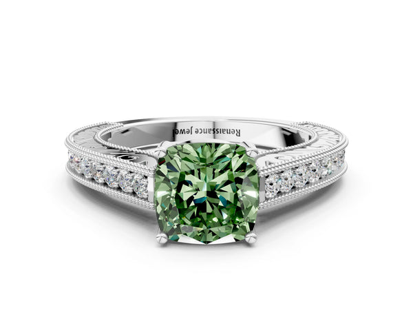 Platinum Cushion Cut Vintage Pave Engagement Ring Setting for Fancy Green Center