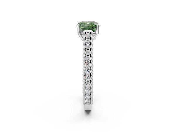 Platinum Cushion Cut Vintage Pave Engagement Ring Setting for Fancy Green Center