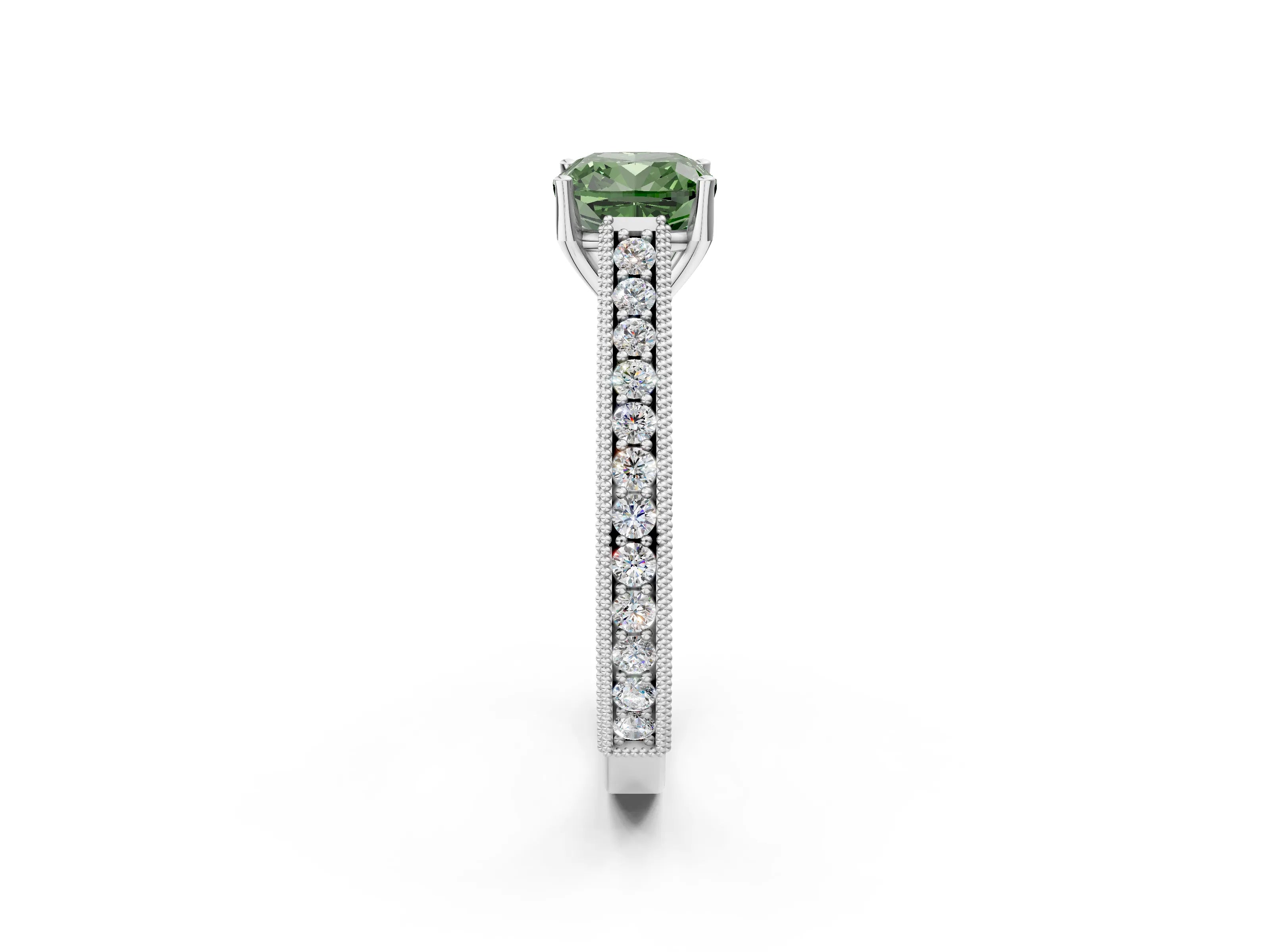 White gold Fancy Green Cushion Cut Cut Pave Band Milgrain Solitaire Ring_2