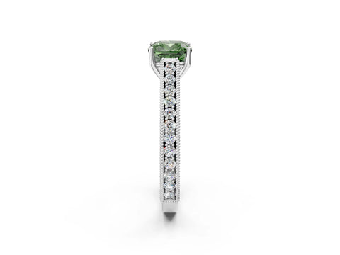 White gold Fancy Green Cushion Cut Cut Pave Band Milgrain Solitaire Ring_2