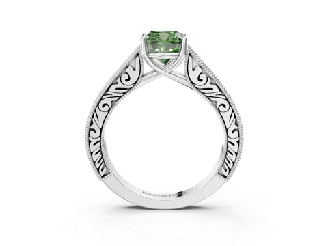 White gold Fancy Green Cushion Cut Cut Pave Band Milgrain Solitaire Ring_3