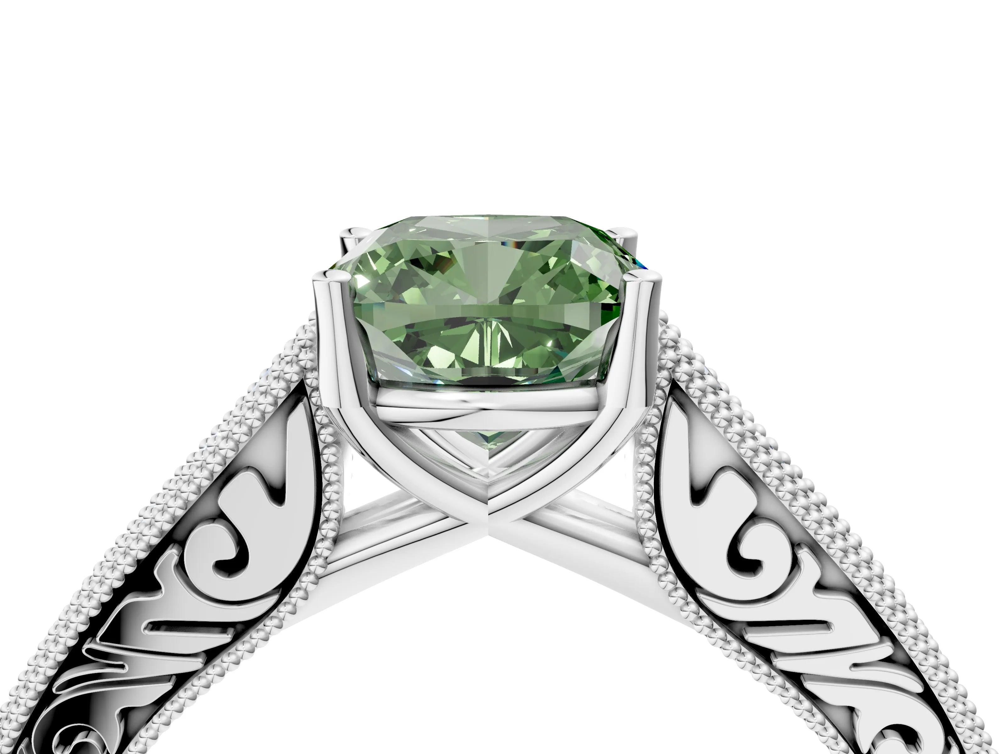 White gold Fancy Green Cushion Cut Cut Pave Band Milgrain Solitaire Ring_4