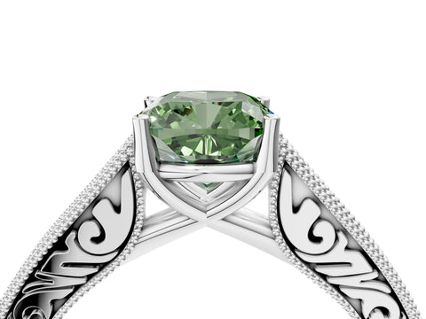 White gold Fancy Green Cushion Cut Cut Pave Band Milgrain Solitaire Ring_4