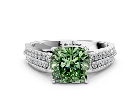 White gold Fancy Green Cushion Cut Cut Pave Split Shank Engagement Ring with Four-Prong Setting_12