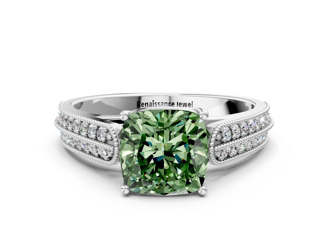 White gold Fancy Green Cushion Cut Cut Pave Split Shank Engagement Ring with Four-Prong Setting_12