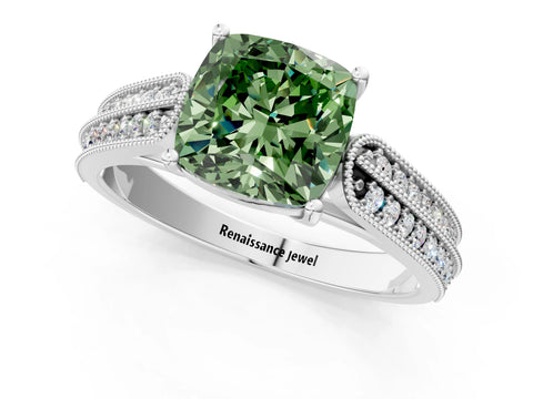 White gold Fancy Green Cushion Cut Cut Pave Split Shank Engagement Ring with Four-Prong Setting_13