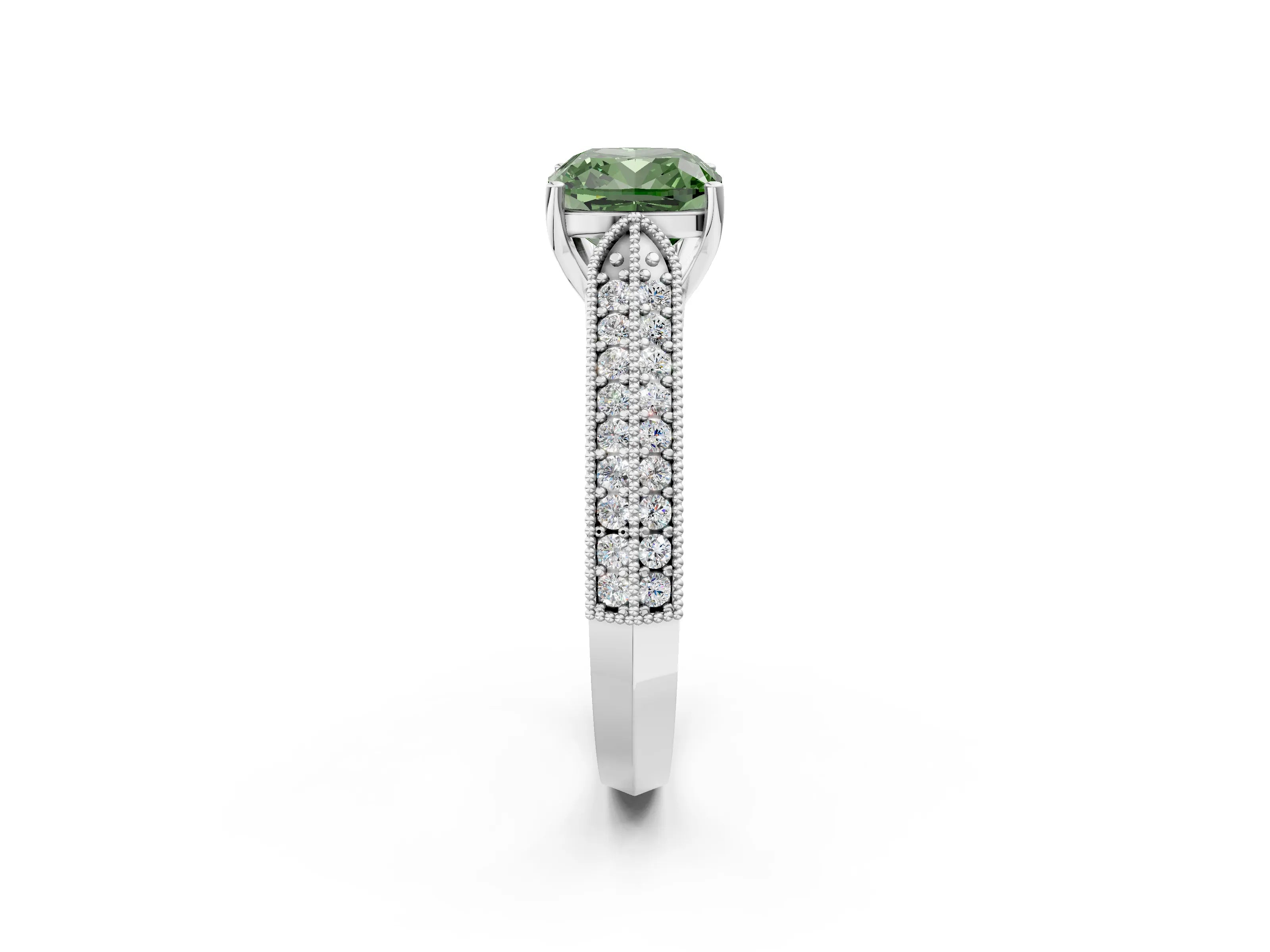 White gold Fancy Green Cushion Cut Cut Pave Split Shank Engagement Ring with Four-Prong Setting_14