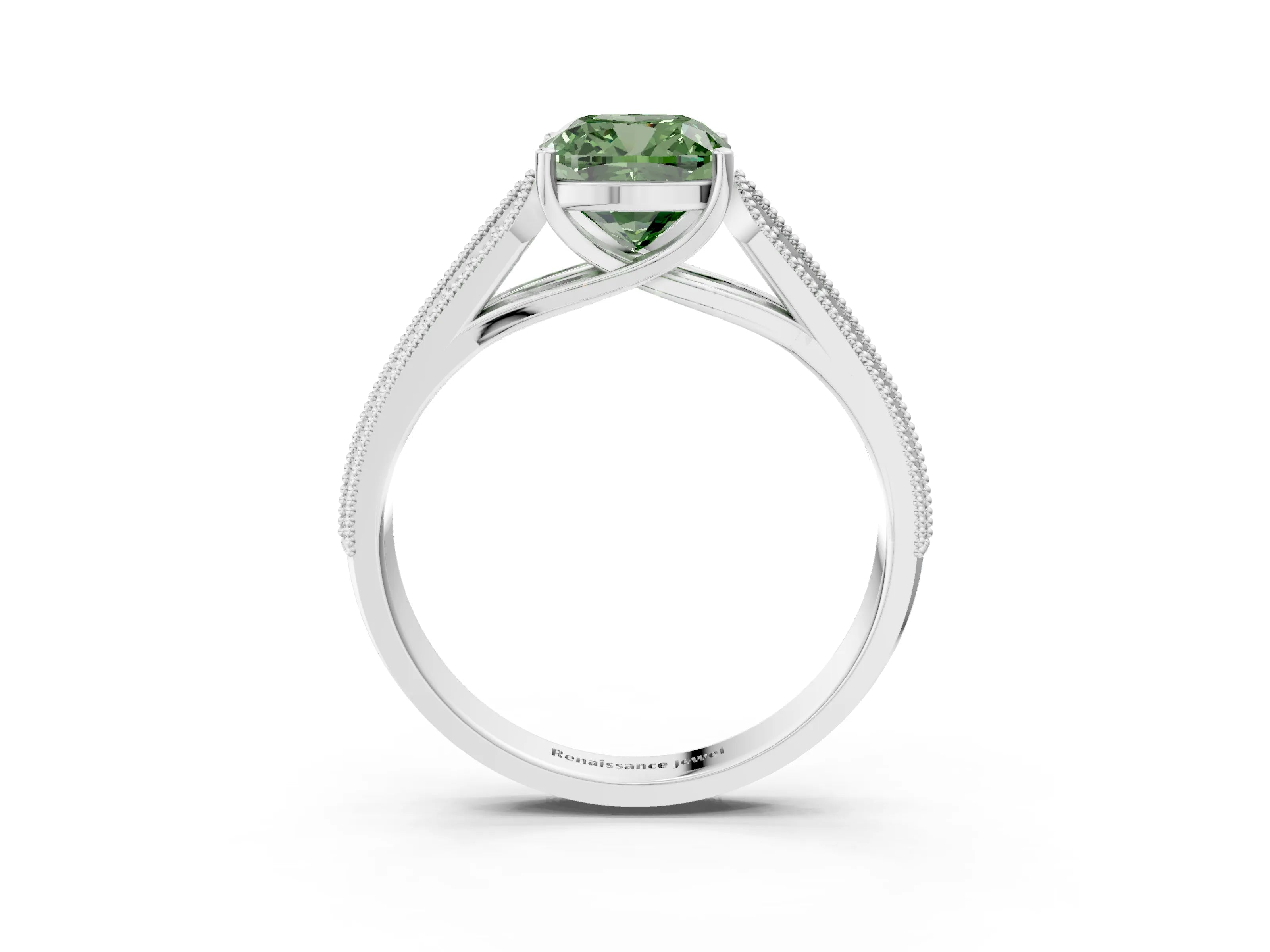 White gold Fancy Green Cushion Cut Cut Pave Split Shank Engagement Ring with Four-Prong Setting_15