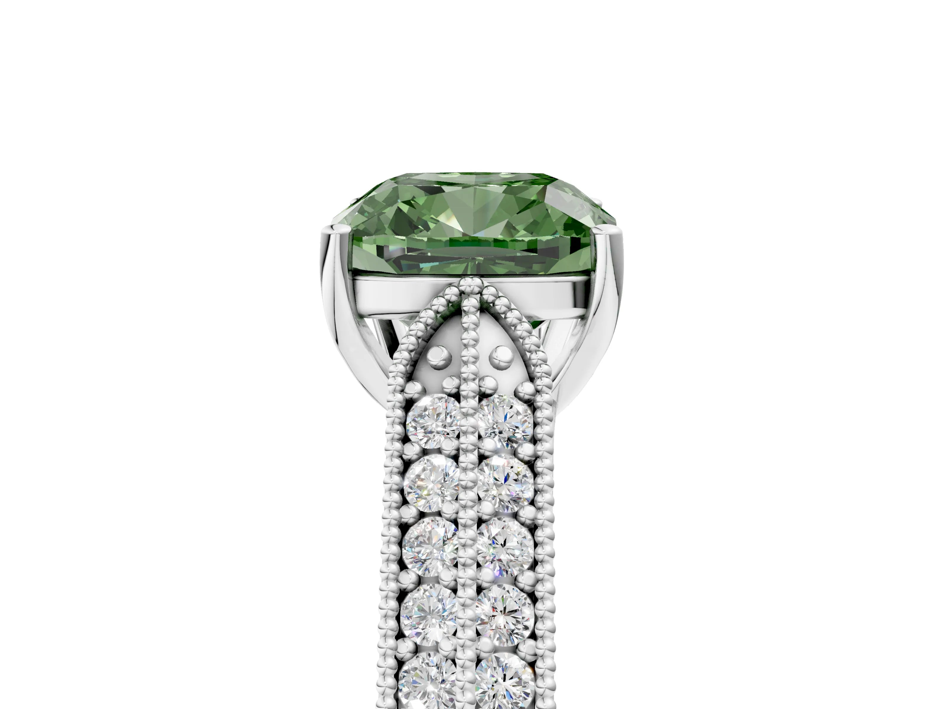 White gold Fancy Green Cushion Cut Cut Pave Split Shank Engagement Ring with Four-Prong Setting_17
