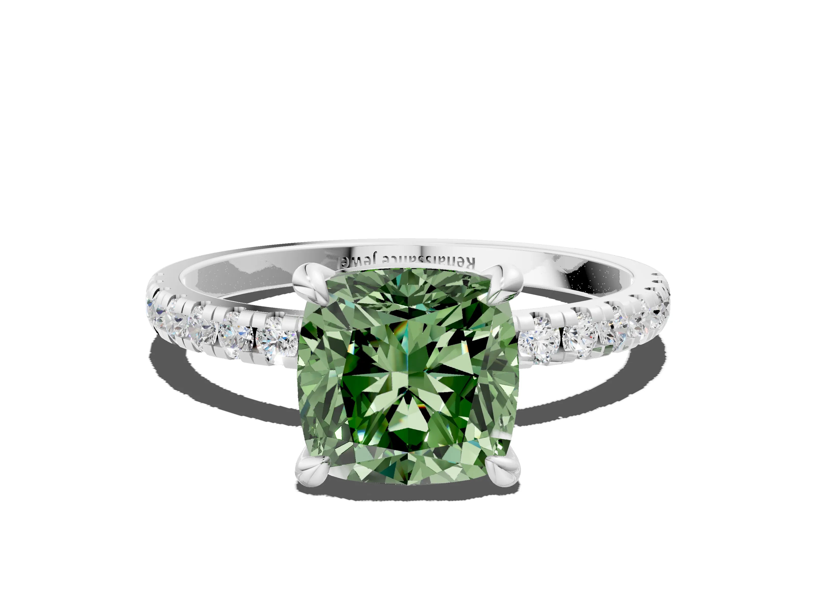 White gold Fancy Green Cushion Cut Diamond Brilliant Solitaire Ring with Pavé Band and Four-Prong Setting