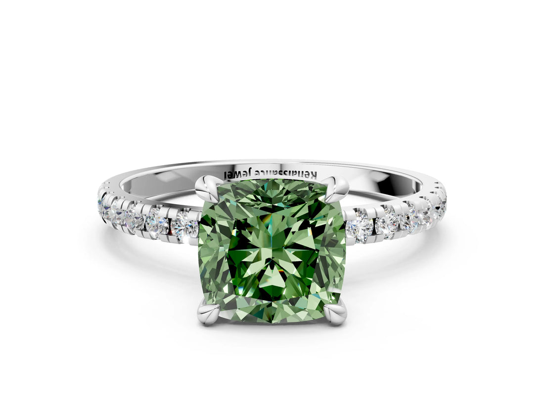 White gold Fancy Green Cushion Cut Diamond Brilliant Solitaire Ring with Pavé Band and Four-Prong Setting_12