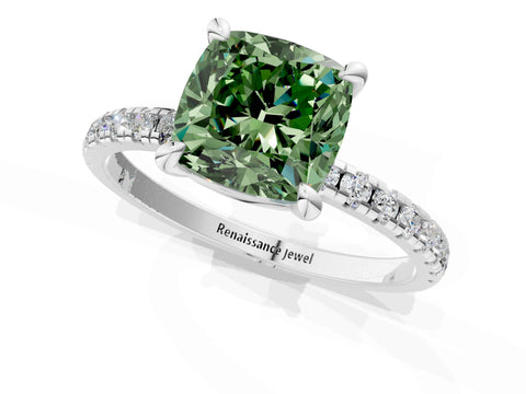 White gold Fancy Green Cushion Cut Diamond Brilliant Solitaire Ring with Pavé Band and Four-Prong Setting_1