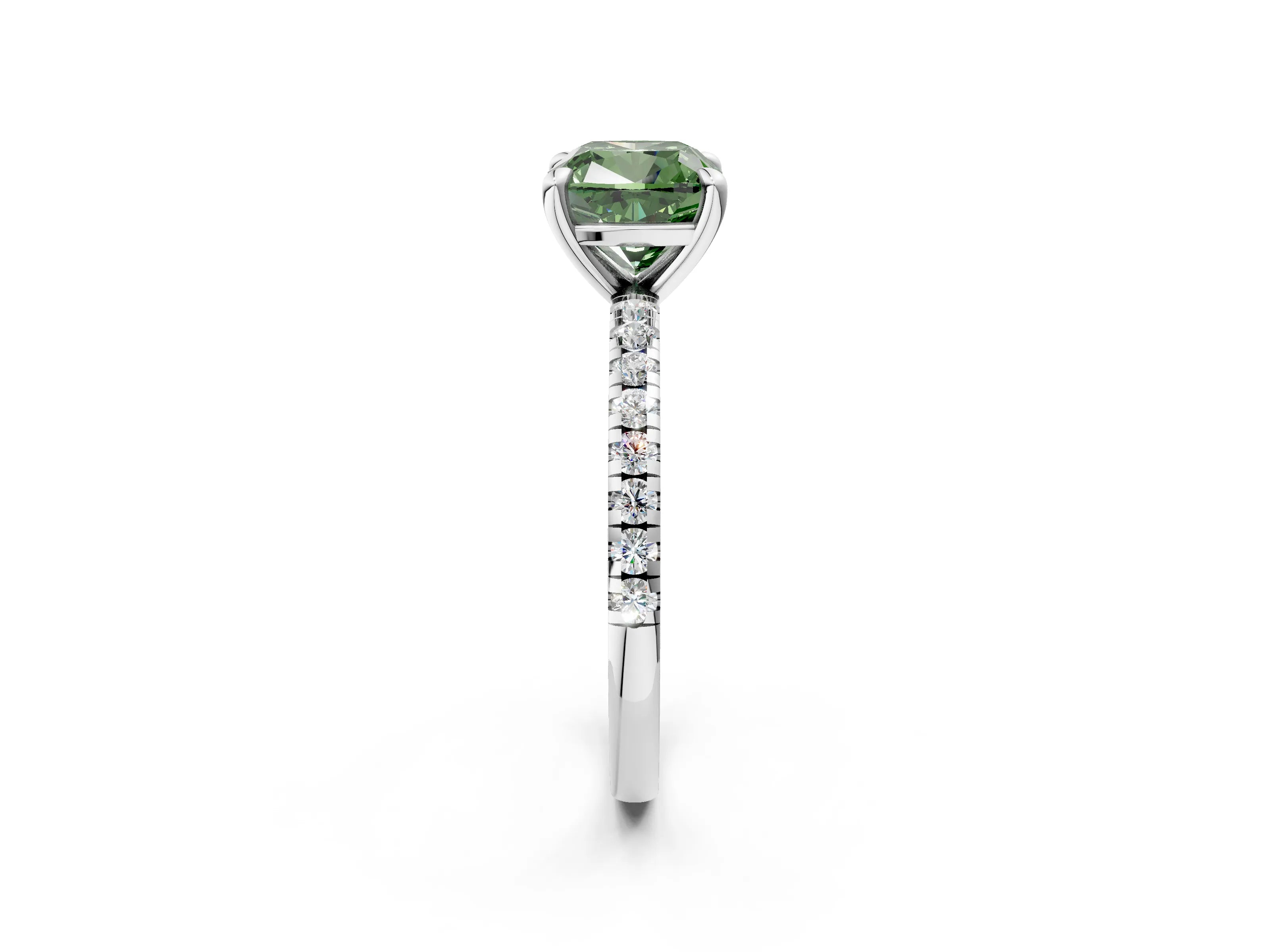 White gold Fancy Green Cushion Cut Diamond Brilliant Solitaire Ring with Pavé Band and Four-Prong Setting_2