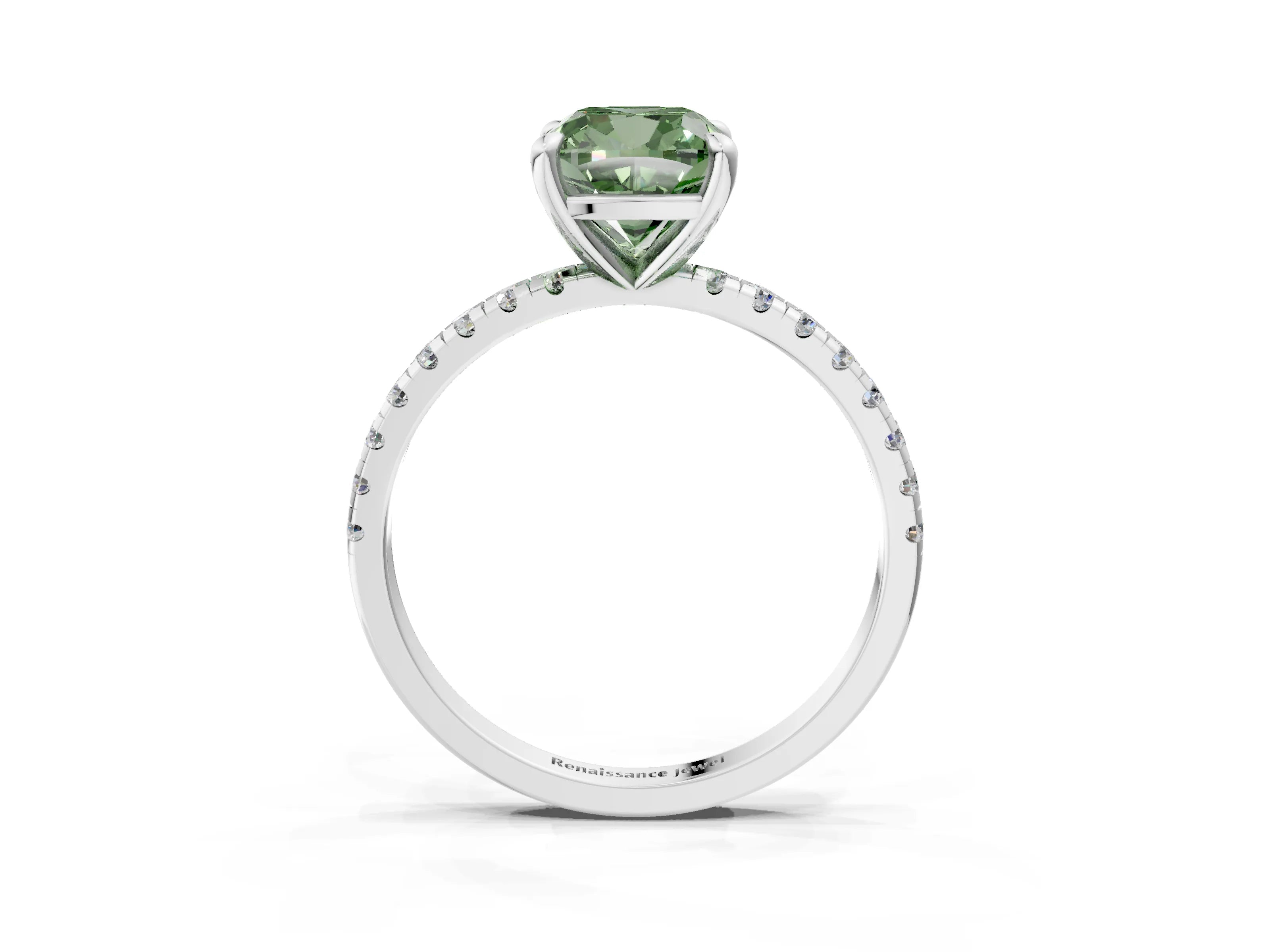 White gold Fancy Green Cushion Cut Diamond Brilliant Solitaire Ring with Pavé Band and Four-Prong Setting_3